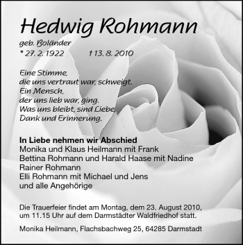 Traueranzeige von Hedwig Rohmann von Darmstädter Echo, Odenwälder Echo, Rüsselsheimer Echo, Groß-Gerauer-Echo, Ried Echo