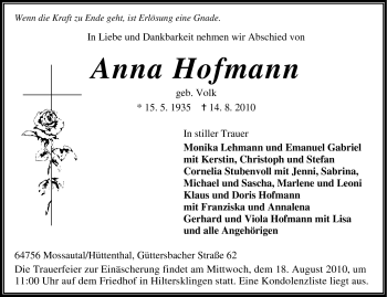 Traueranzeige von Anna Hofmann von Odenwälder Echo