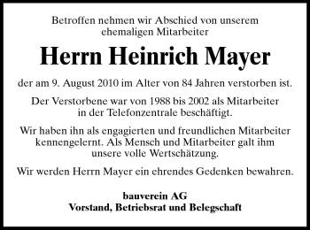 Traueranzeige von Heinrich Mayer von Echo-Zeitungen (Gesamtausgabe)