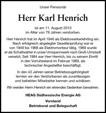 Traueranzeige von Karl Henrich von Echo-Zeitungen (Gesamtausgabe)