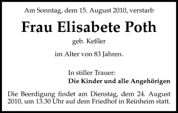 Traueranzeige von Elisabete Poth von Darmstädter Echo, Odenwälder Echo, Rüsselsheimer Echo, Groß-Gerauer-Echo, Ried Echo