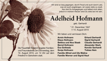 Traueranzeige von Adelheid Hofmann von Rüsselsheimer Echo, Groß-Gerauer-Echo, Ried Echo