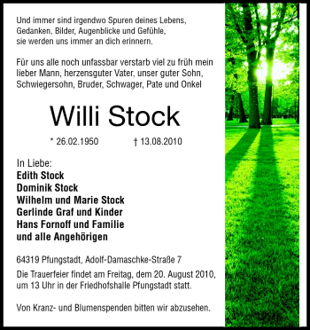 Traueranzeige von Willi Stock von Echo-Zeitungen (Gesamtausgabe)