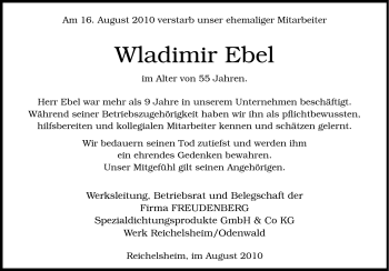 Traueranzeige von Wladimir Ebel von Odenwälder Echo