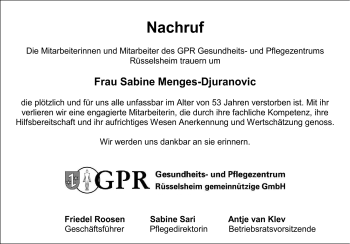 Traueranzeige von Sabine Menges-Djuranovic von Rüsselsheimer Echo, Groß-Gerauer-Echo, Ried Echo