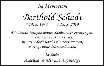 Traueranzeige von Bertold Schadt von Odenwälder Echo