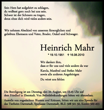 Traueranzeige von Heinrich Mahr von Echo-Zeitungen (Gesamtausgabe)