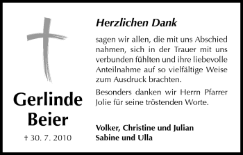 Traueranzeige von Gerlinde Beier von Darmstädter Echo, Odenwälder Echo, Rüsselsheimer Echo, Groß-Gerauer-Echo, Ried Echo