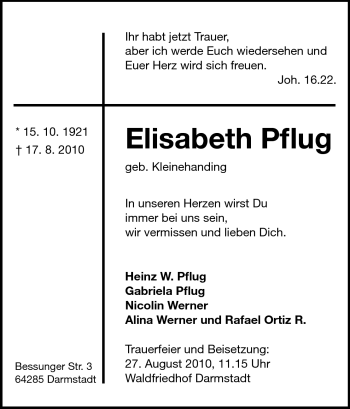 Traueranzeige von Elisabeth Pflug von Darmstädter Echo, Odenwälder Echo, Rüsselsheimer Echo, Groß-Gerauer-Echo, Ried Echo