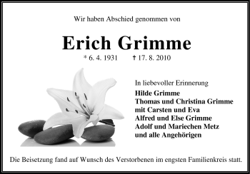 Traueranzeige von Erich Grimme von Odenwälder Echo