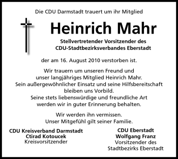 Traueranzeige von Heinrich Mahr von Echo-Zeitungen (Gesamtausgabe)