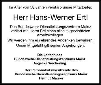 Traueranzeige von Hans-Werner Ertl von Echo-Zeitungen (Gesamtausgabe)