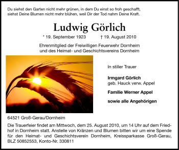 Traueranzeige von Ludwig Görlich von Rüsselsheimer Echo, Groß-Gerauer-Echo, Ried Echo