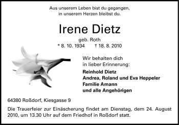 Traueranzeige von Irene Dietz von Echo-Zeitungen (Gesamtausgabe)