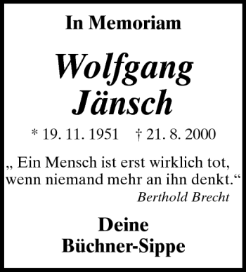 Traueranzeige von Wolfgang Jänsch von Odenwälder Echo