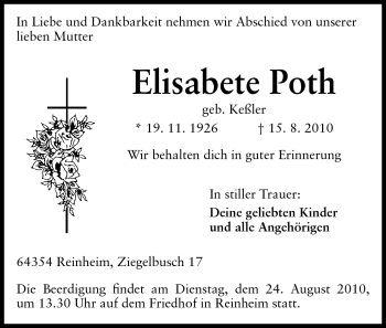 Traueranzeige von Elisabete Poth von Darmstädter Echo, Odenwälder Echo, Rüsselsheimer Echo, Groß-Gerauer-Echo, Ried Echo