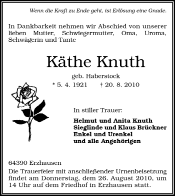 Traueranzeige von Käthe Knuth von Darmstädter Echo, Odenwälder Echo, Rüsselsheimer Echo, Groß-Gerauer-Echo, Ried Echo