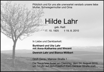 Traueranzeige von Hilde Lahr von Darmstädter Echo, Odenwälder Echo, Rüsselsheimer Echo, Groß-Gerauer-Echo, Ried Echo