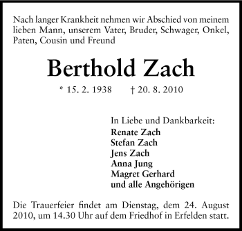 Traueranzeige von Bertold Zach von Echo-Zeitungen (Gesamtausgabe)