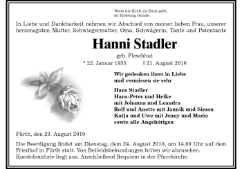 Traueranzeige von Hanni Stadler von Starkenburger Echo