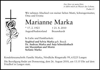 Traueranzeige von Marianne Marka von Darmstädter Echo, Odenwälder Echo, Rüsselsheimer Echo, Groß-Gerauer-Echo, Ried Echo
