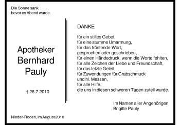 Traueranzeige von Bernhard Pauly von Echo-Zeitungen (Gesamtausgabe)
