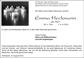 Traueranzeige von Emma Heckmann von Odenwälder Echo