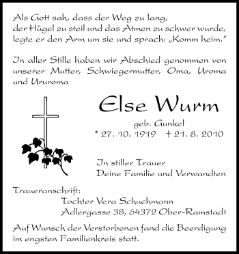Traueranzeige von Else Wurm von Darmstädter Echo, Odenwälder Echo, Rüsselsheimer Echo, Groß-Gerauer-Echo, Ried Echo