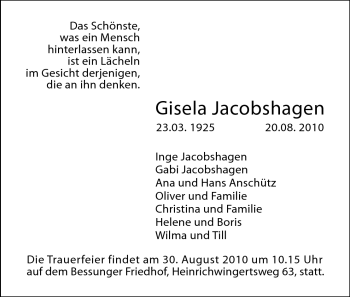 Traueranzeige von Gisela Jacobshagen von Echo-Zeitungen (Gesamtausgabe)