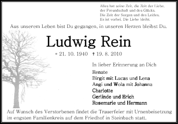 Traueranzeige von Ludwig Rein von Odenwälder Echo
