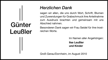 Traueranzeige von Günter Leußler von Rüsselsheimer Echo, Groß-Gerauer-Echo, Ried Echo