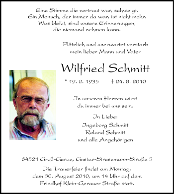 Traueranzeige von Wilfried Schmitt von Rüsselsheimer Echo, Groß-Gerauer-Echo, Ried Echo