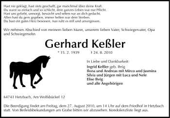 Traueranzeige von Gerhard Keßler von Odenwälder Echo