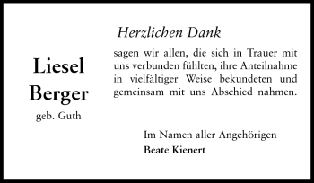 Traueranzeige von Eva Elise (Liesel) Berger von Echo-Zeitungen (Gesamtausgabe)