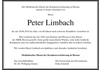 Traueranzeige von Peter Limbach von Rüsselsheimer Echo, Groß-Gerauer-Echo, Ried Echo