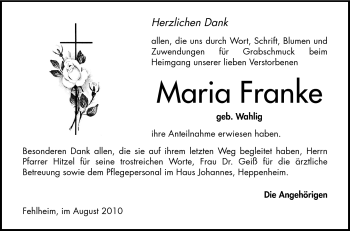Traueranzeige von Maria Franke von Odenwälder Echo