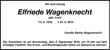 Traueranzeige von Elfriede Wagenknecht von Echo-Zeitungen (Gesamtausgabe)