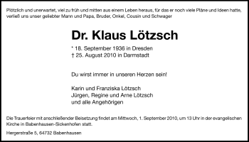 Traueranzeige von Klaus Lötzsch von Echo-Zeitungen (Gesamtausgabe)