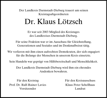 Traueranzeige von Klaus Lötzsch von Darmstädter Echo, Odenwälder Echo, Rüsselsheimer Echo, Groß-Gerauer-Echo, Ried Echo