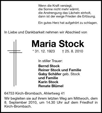 Traueranzeige von Maria Stock von Odenwälder Echo