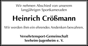 Traueranzeige von Heinrich Crößmann von Echo-Zeitungen (Gesamtausgabe)