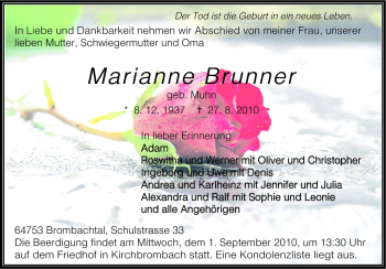 Traueranzeige von Brunner Marianne von Odenwälder Echo