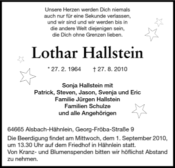 Traueranzeige von Lothar Hallstein von Echo-Zeitungen (Gesamtausgabe)