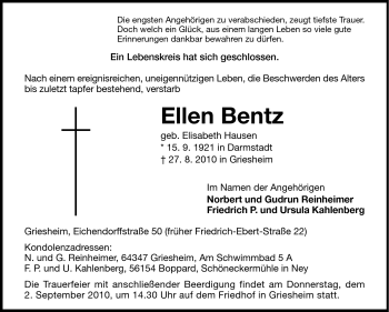 Traueranzeige von Ellen Bentz von Darmstädter Echo, Odenwälder Echo, Rüsselsheimer Echo, Groß-Gerauer-Echo, Ried Echo