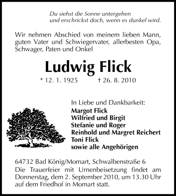 Traueranzeige von Ludwig Flick von Odenwälder Echo