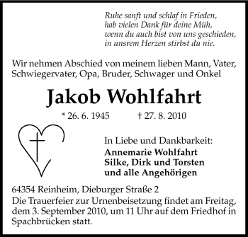 Traueranzeige von Jakob Wohlfahrt von Darmstädter Echo, Odenwälder Echo, Rüsselsheimer Echo, Groß-Gerauer-Echo, Ried Echo