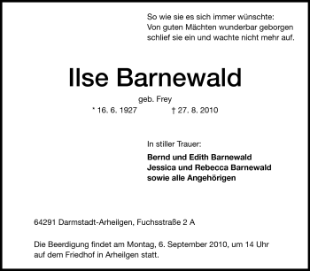 Traueranzeige von Ilse Barnewald von Darmstädter Echo, Odenwälder Echo, Rüsselsheimer Echo, Groß-Gerauer-Echo, Ried Echo