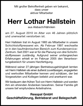 Traueranzeige von Lothar Hallstein von Darmstädter Echo, Odenwälder Echo, Rüsselsheimer Echo, Groß-Gerauer-Echo, Ried Echo
