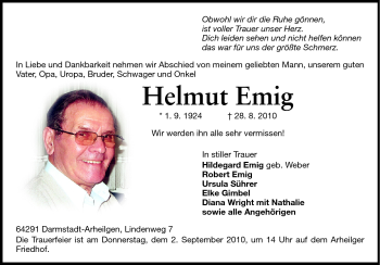 Traueranzeige von Helmut Emig von Echo-Zeitungen (Gesamtausgabe)