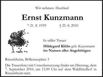 Traueranzeige von Ernst Kunzmann von Rüsselsheimer Echo, Groß-Gerauer-Echo, Ried Echo